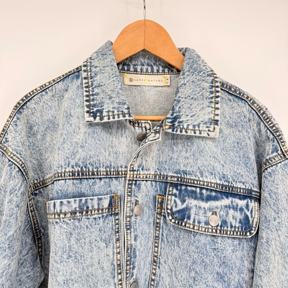 Happy Nature Womens Acid Wash Boxy Cropped Denim Jacket Oversized M 90s Grunge - Picture 3 of 14